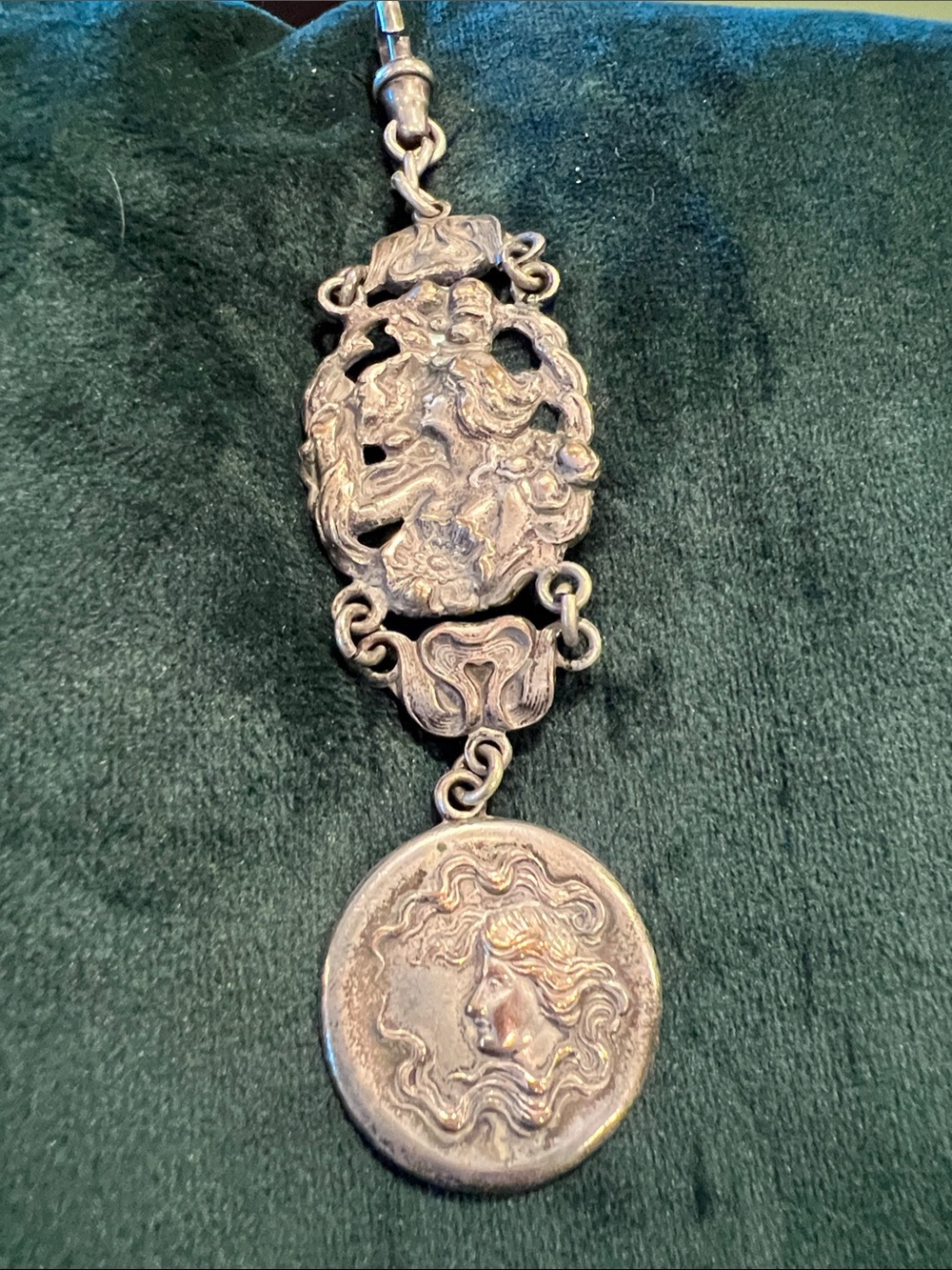 Antique Art Nouveau Silver Watch Fob Chatelaine 5" long Neck mess!!